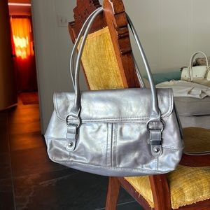 Y2K metallic leather baguette bag